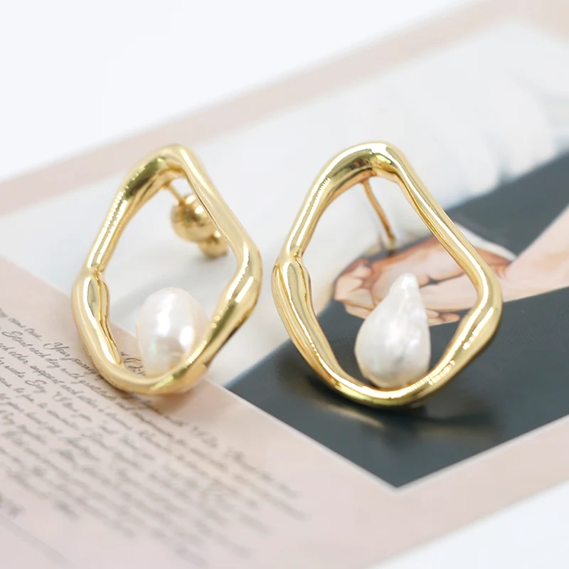 Classic Brass Hoop With Freshwater Pearls Earrings